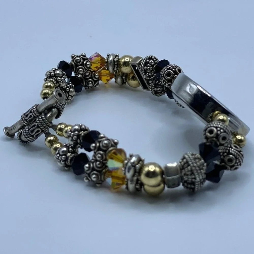 Geneva Boho Silver Gold Beaded Bracelet Watch Toggle Clasp Mixed Metal - 7.5